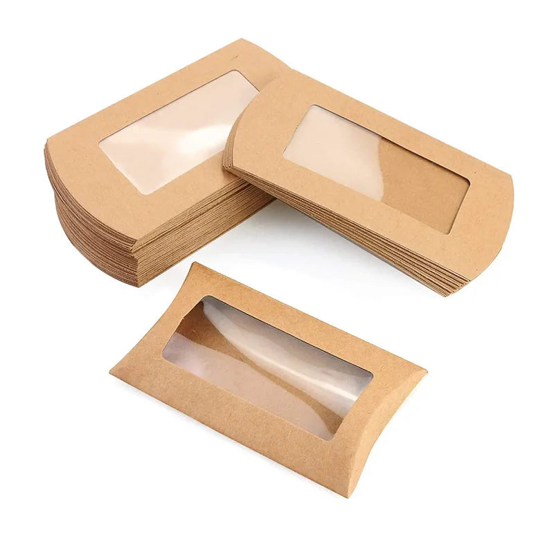 China Yiwu Manufacturers Kraft Paper Material Recycle Packaging PVC clear Window Pillow Jelly Bean Candy Packing Boxes for Child