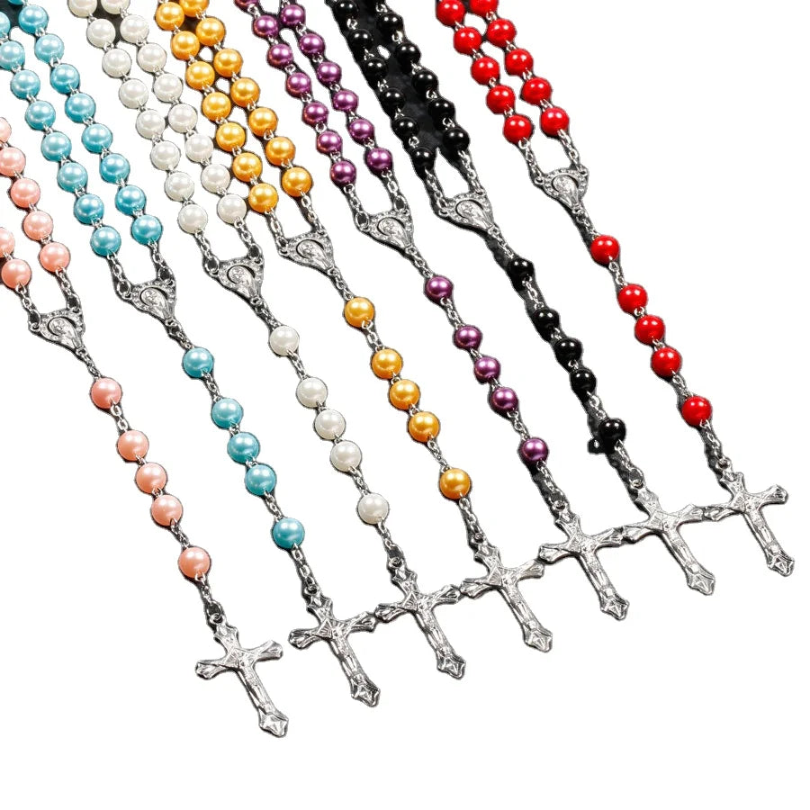 2026 New Religion Christian Jewelry Virgin Mary Jesus Cross Pendant Long Necklace 8mm Prayer Rosary Beads Glass Pearl Wholesale