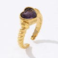Chunky Classic Retro Stainless Steel Plated 18K Gold Purple Heart Love Zircon Open Ring