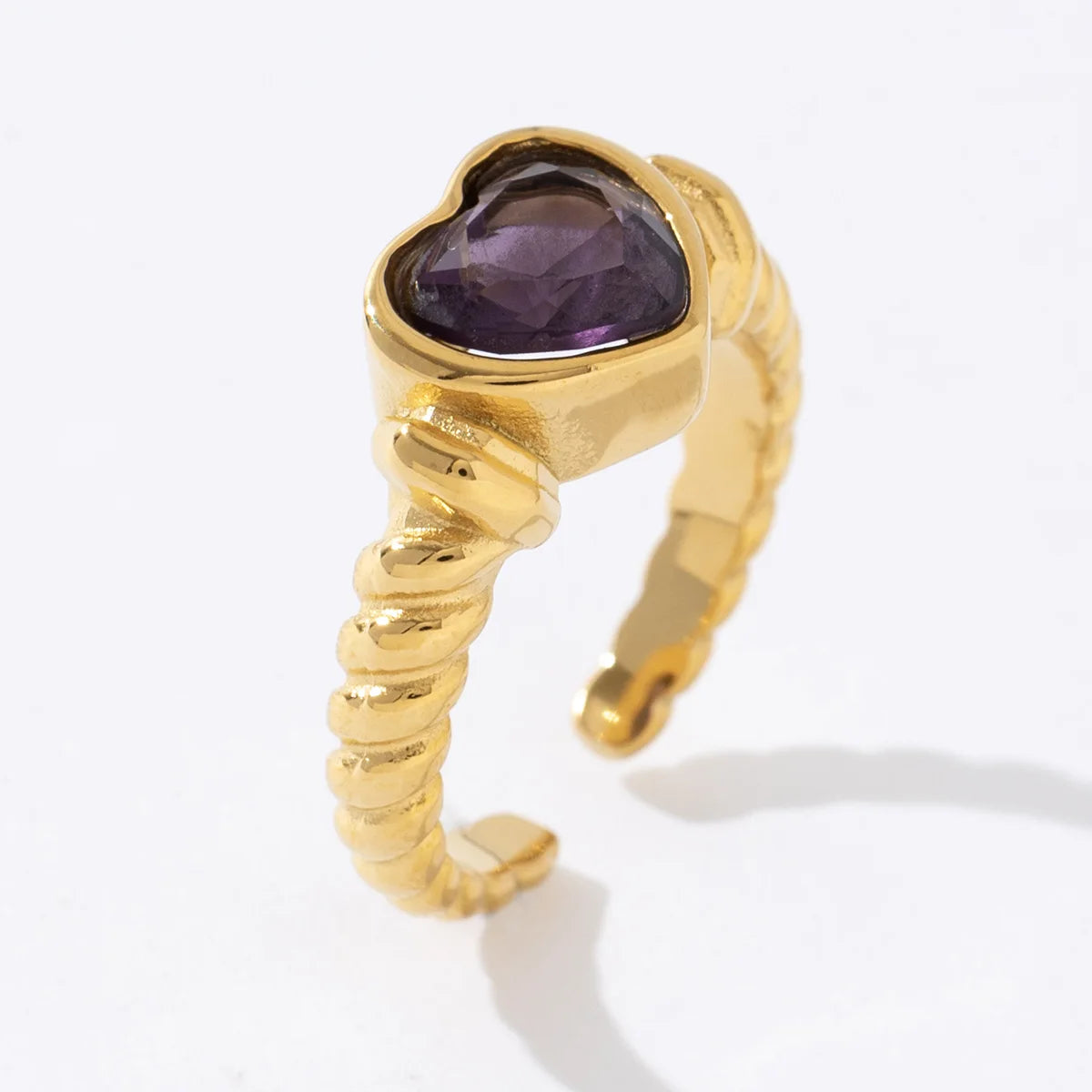 Chunky Classic Retro Stainless Steel Plated 18K Gold Purple Heart Love Zircon Open Ring