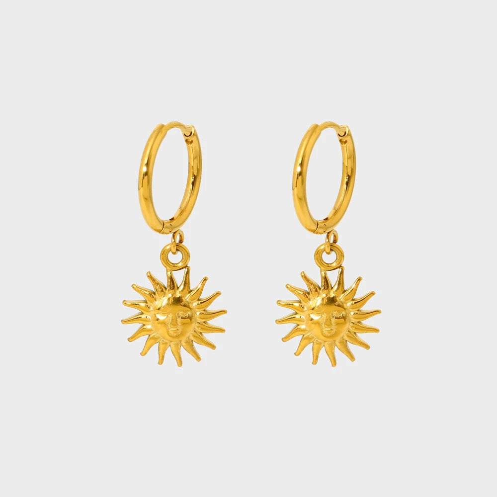 INS Trend 18k Gold Plated Stainless Steel Engraved Sun Face Drop Dangle Hoop Earring Tarnish Free Jewelry
