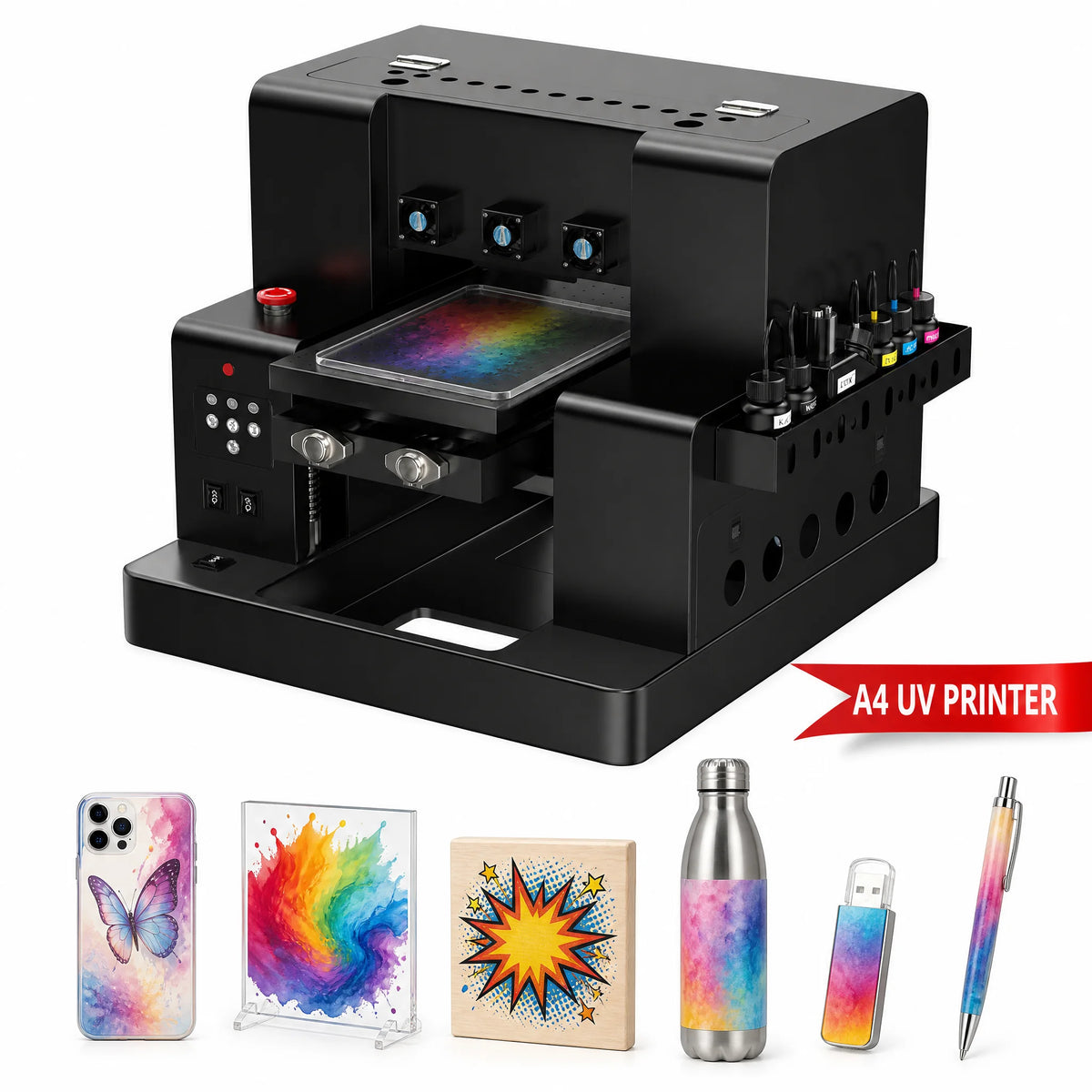 Upgraded A4 UV Flatbed Bottle Printer With Varnish Effect Mini Tabletop Cosmetic Cylindrical Cup Printing Machine MegaBDM