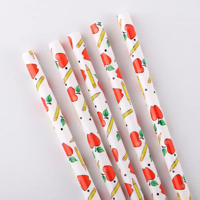 Hot Sales Eco-Friendly Reusable PP Hard Plastic Printing Drinking Straws White Bottom Teacher Apple & Pencil Design