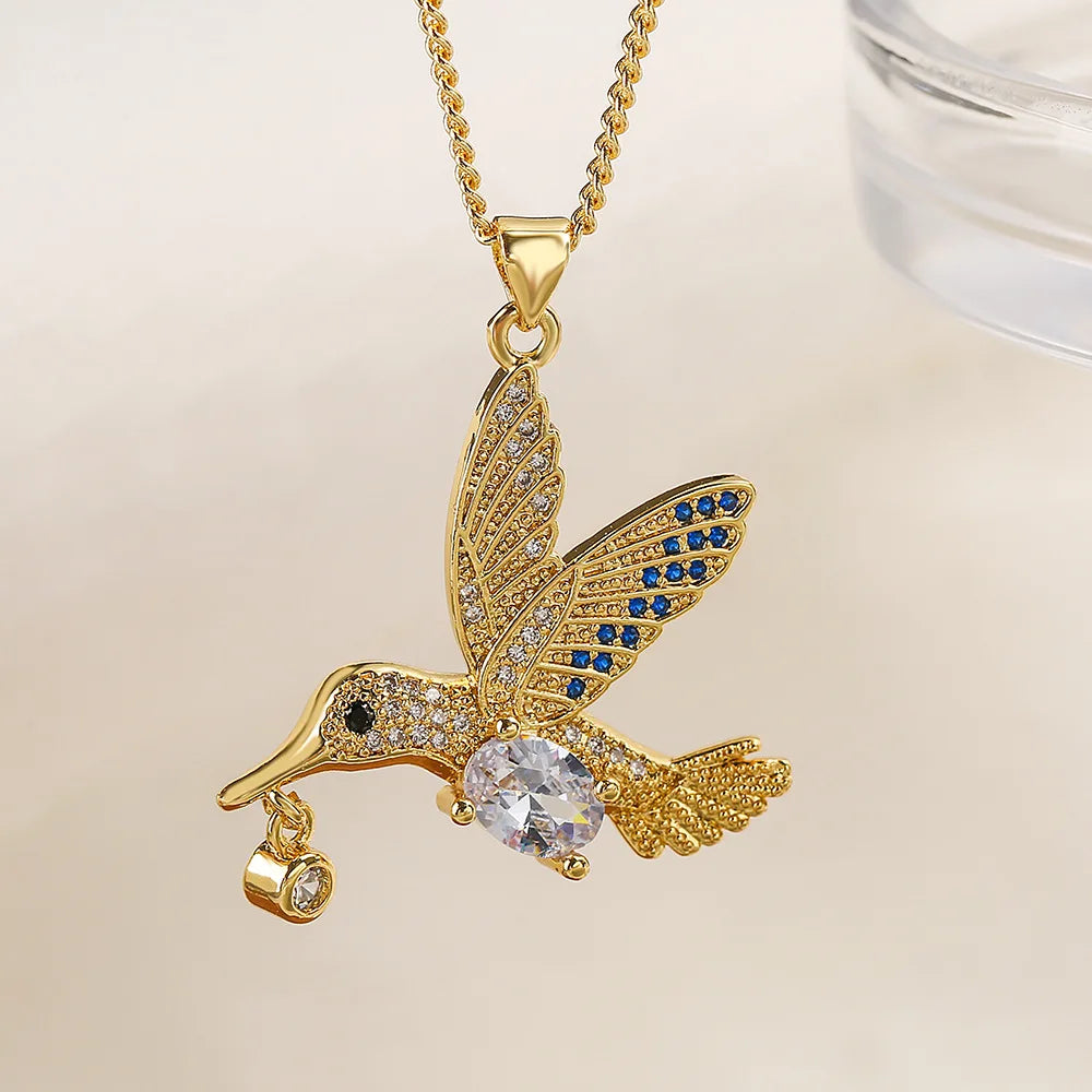 Jachon Luxury Copper Plated 18K Golden Zircon Bird Pendant Necklace Jewelry Crystal Fine Necklace Jewelry