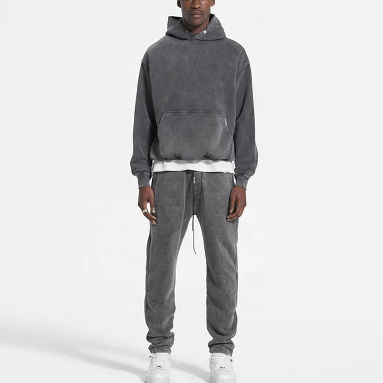 China Wholesale Acid Washed Blank Tracksuit Heavy Weight Custom Vintage Acid Washed Hoodie and Sweatpants Set Men