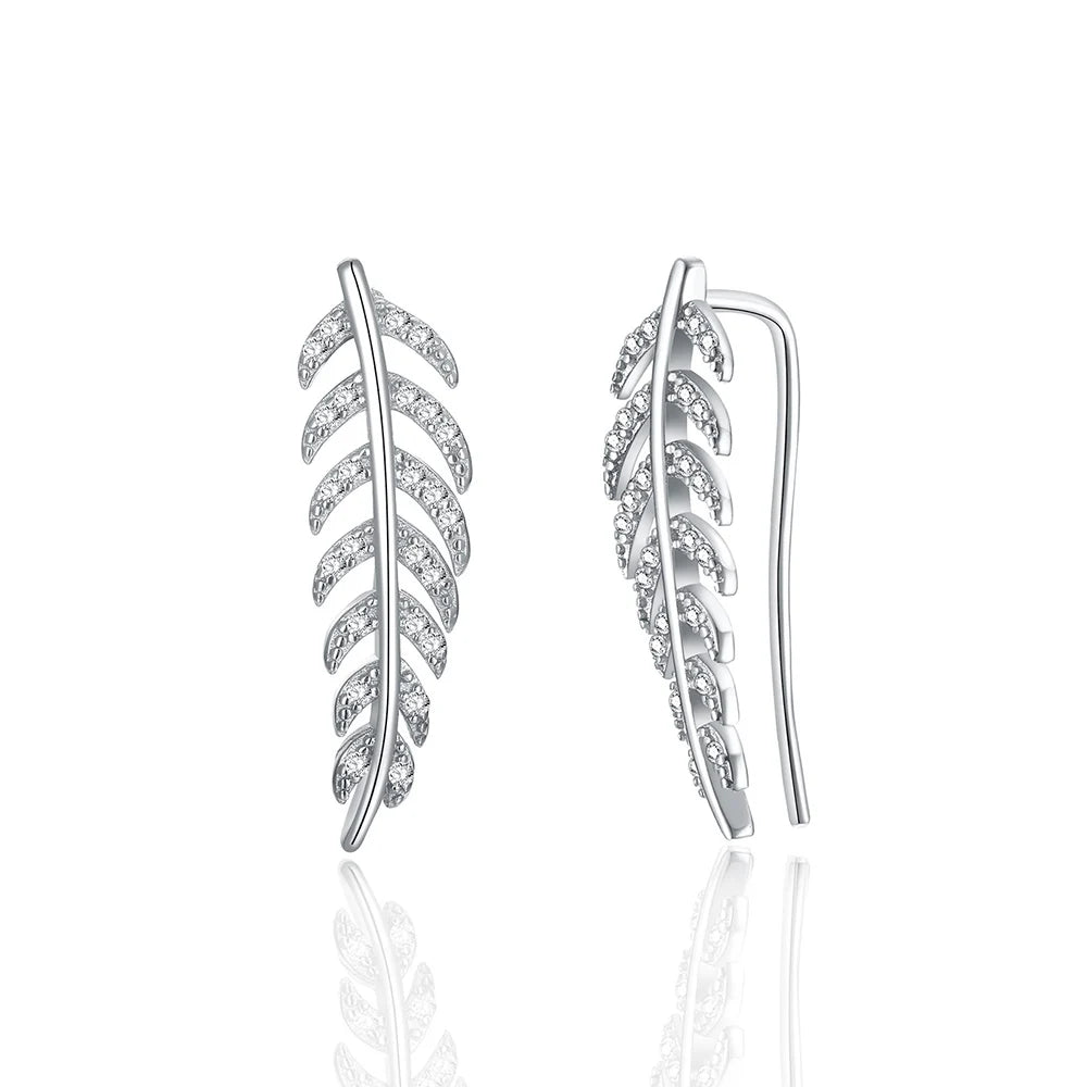 Dainty Silver Feather Ear Cuffs & Climber Earrings Best Sellers Pair of Leaf S925 Sterling Silver Diamond Drop Earrings