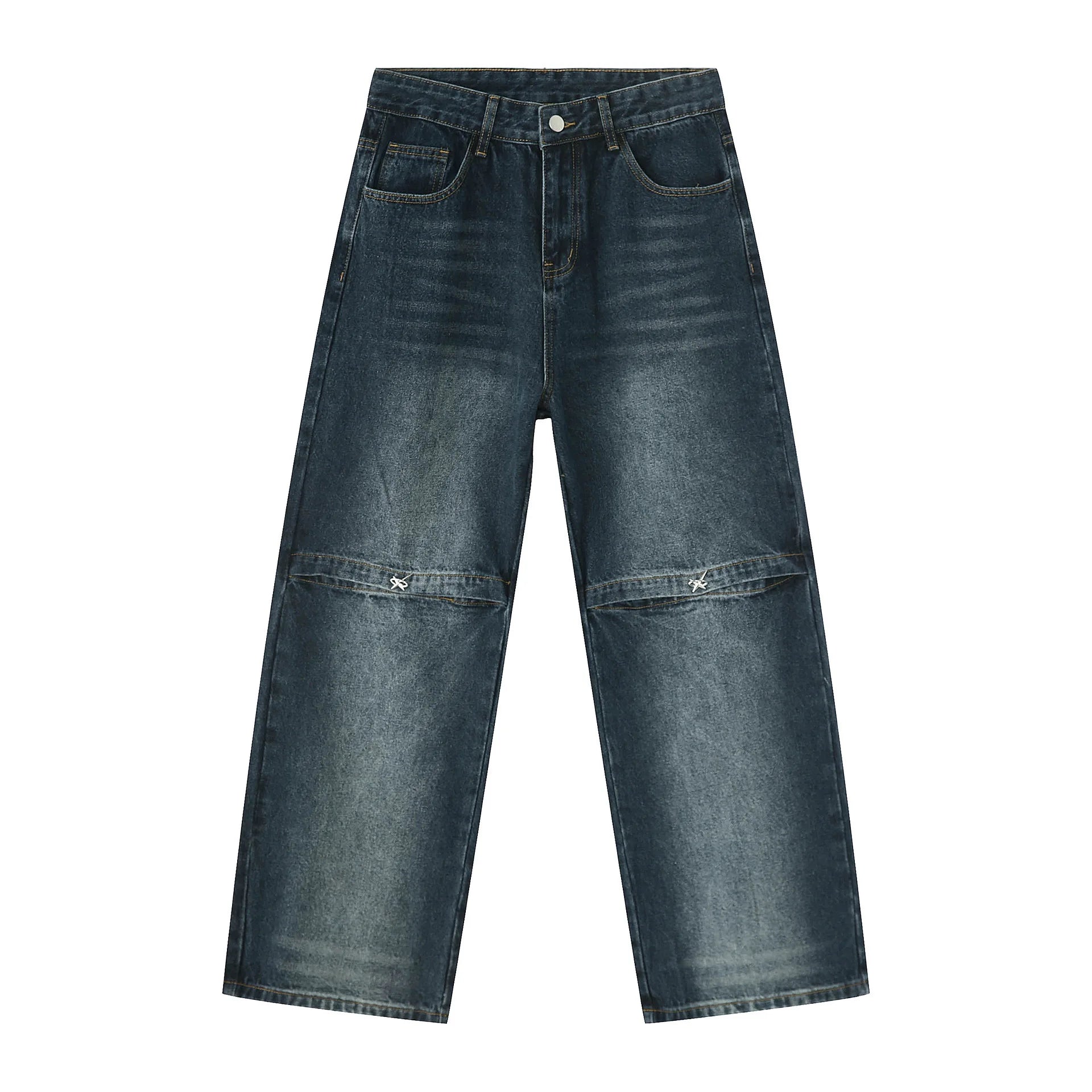 2025 Wholesale Straight Fit Jeans Men Highstreet Style Designer Jeans Men Knee Button Jeans Big Knee Holes