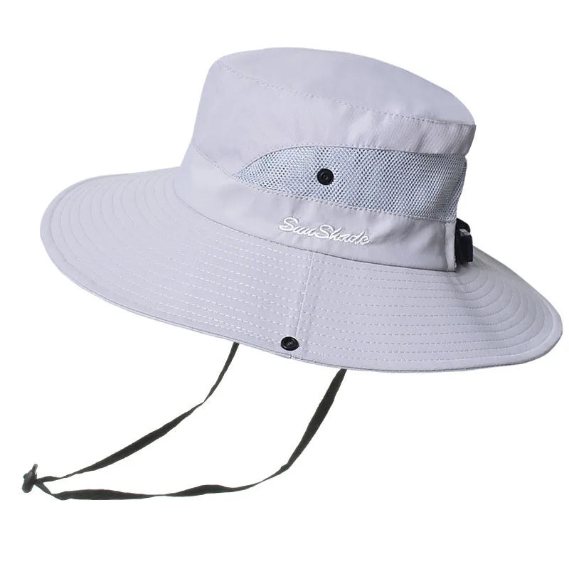 Foldable Breathable Wide Brim Mesh Fishing Hat Bucket Hat Women Sun Hat With String and Ponytail Hole