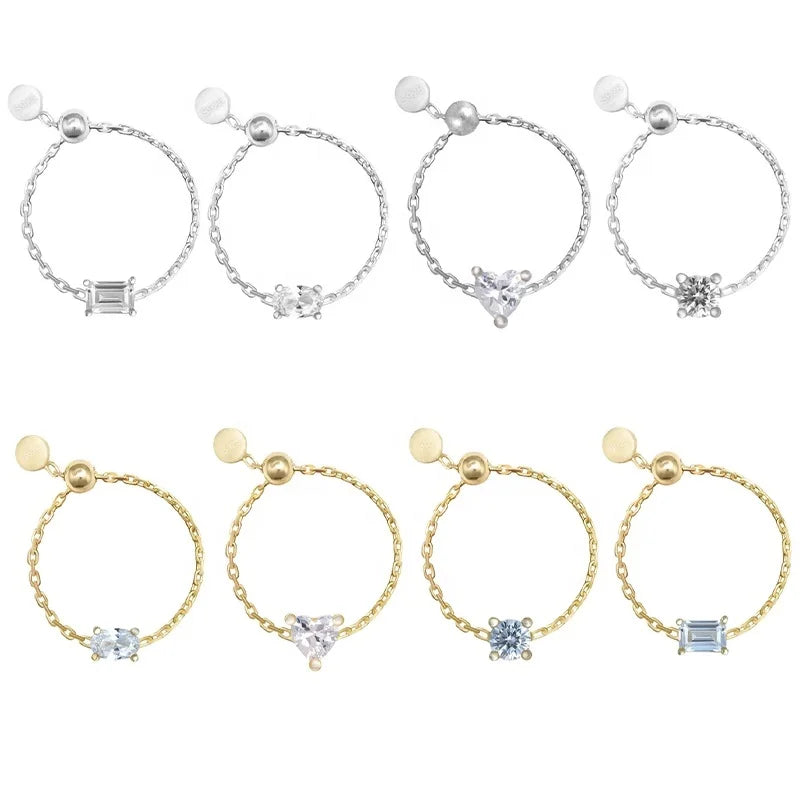 Gold S925 Sterling Silver Crystal Diamond Chain Link Drawable Open Adjustable Gemstone Rings