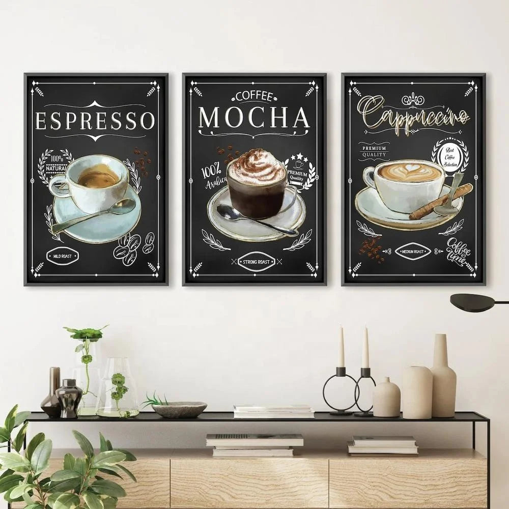 Luxury Nordic Decor Coffee Oil Painting Canvas Espresso Mocha and Cappuccino Poster Coffee Shop Wall Art Black Art Home Decor
