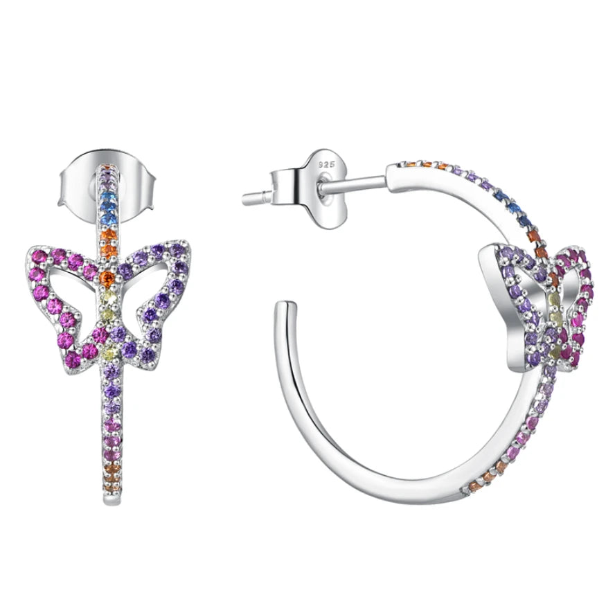 Customized Women Trendy Rhodium Plated Anniversary Party Gifts CZ Diamond 925 Sterling Silver Rainbow Butterfly Hoop Earrings