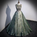 New Design Sparkling A-line Mint Green Tulle Lace Formal Prom Gown Jewel Neck Back Lace-up Women's Special Occasion Dress MegaBDM