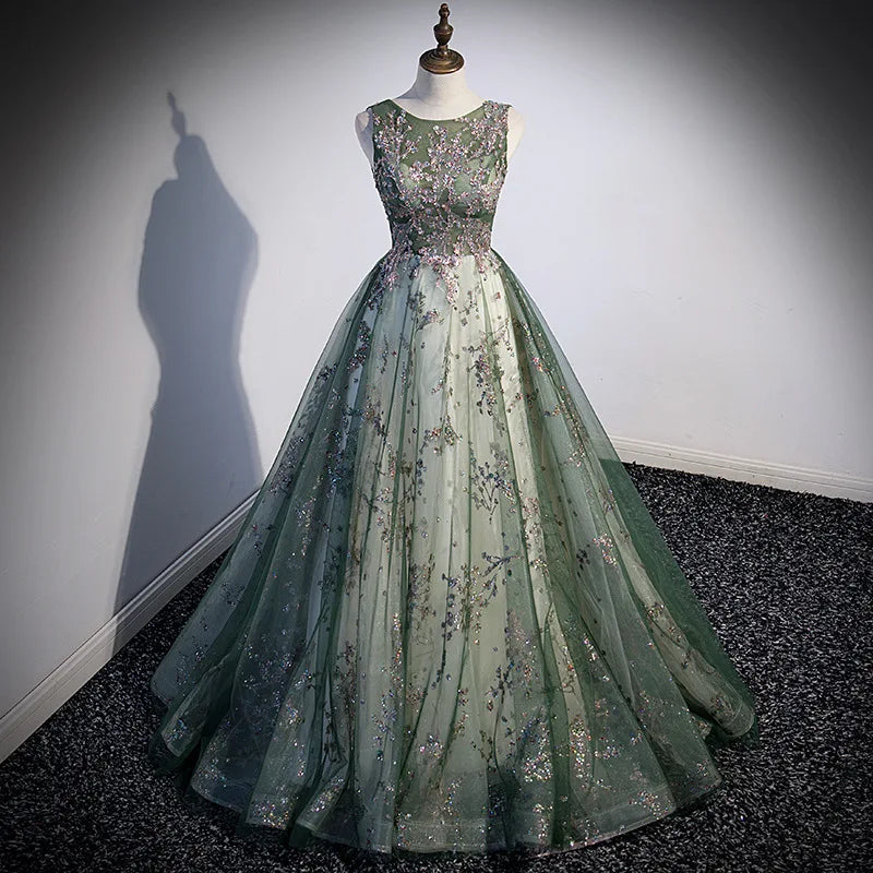 New Design Sparkling A-line Mint Green Tulle Lace Formal Prom Gown Jewel Neck Back Lace-up Women's Special Occasion Dress MegaBDM