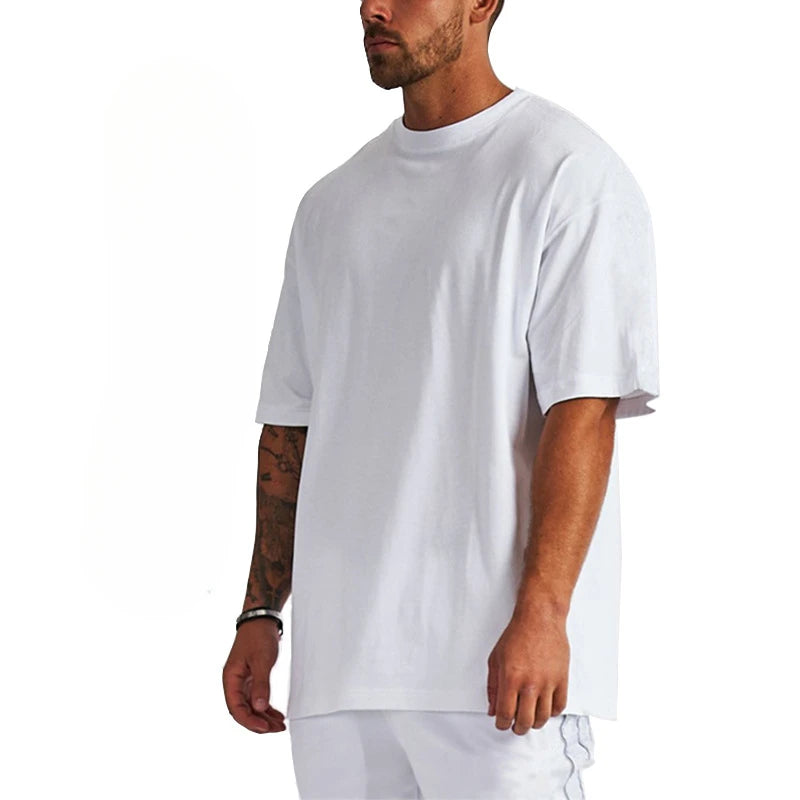 Mens Fashion Short Sleeve Long T-Shirts Workout Oversize Pullover Solid Color Casual 100% Cotton Worsted Breathable O-Neck