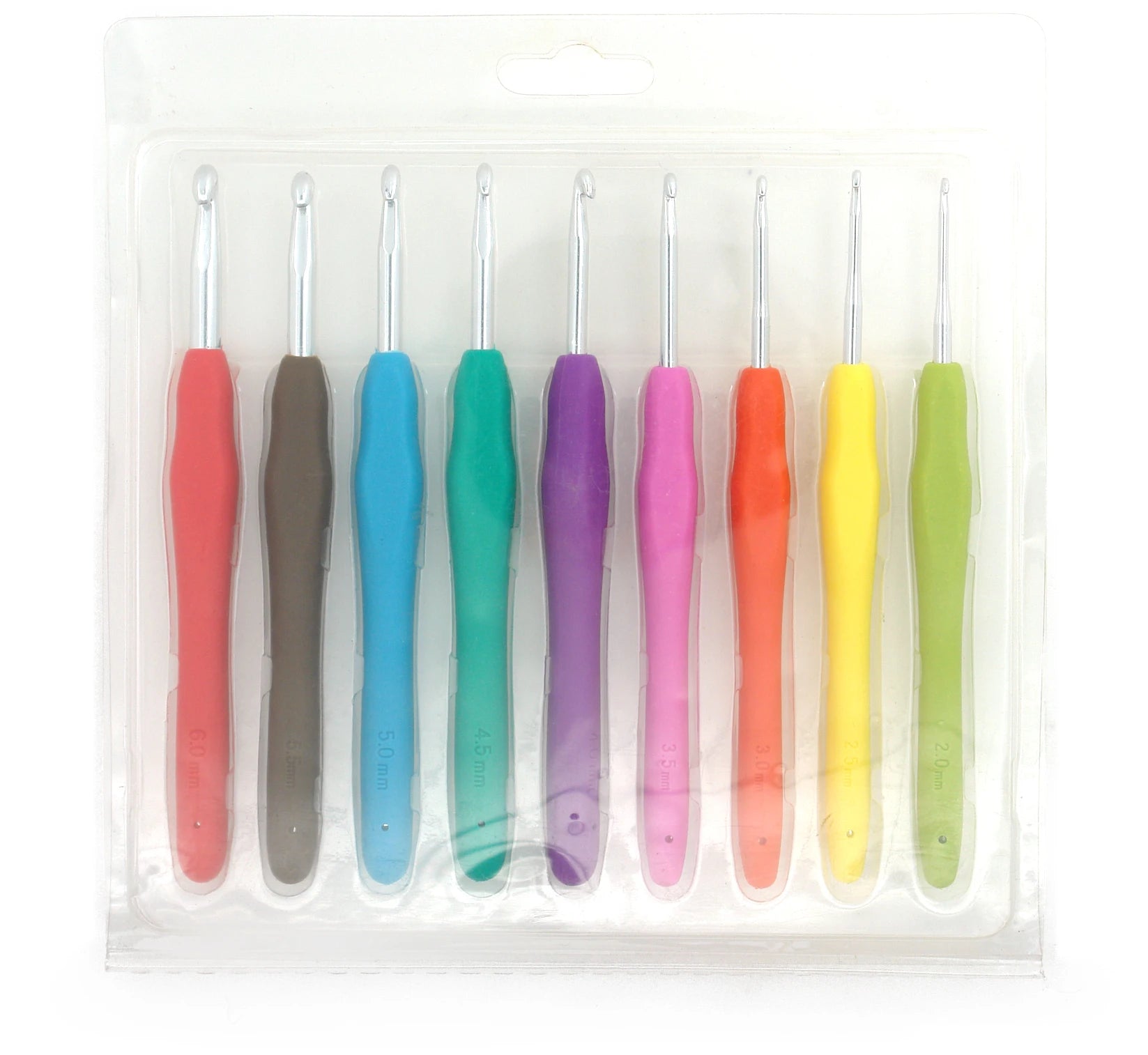 For TPR Soft Handle Aluminum Crochet Hook Set 9pc 2.0-6.0mm with 15cm PVC Packaging for Crocheting and Hand Knitting