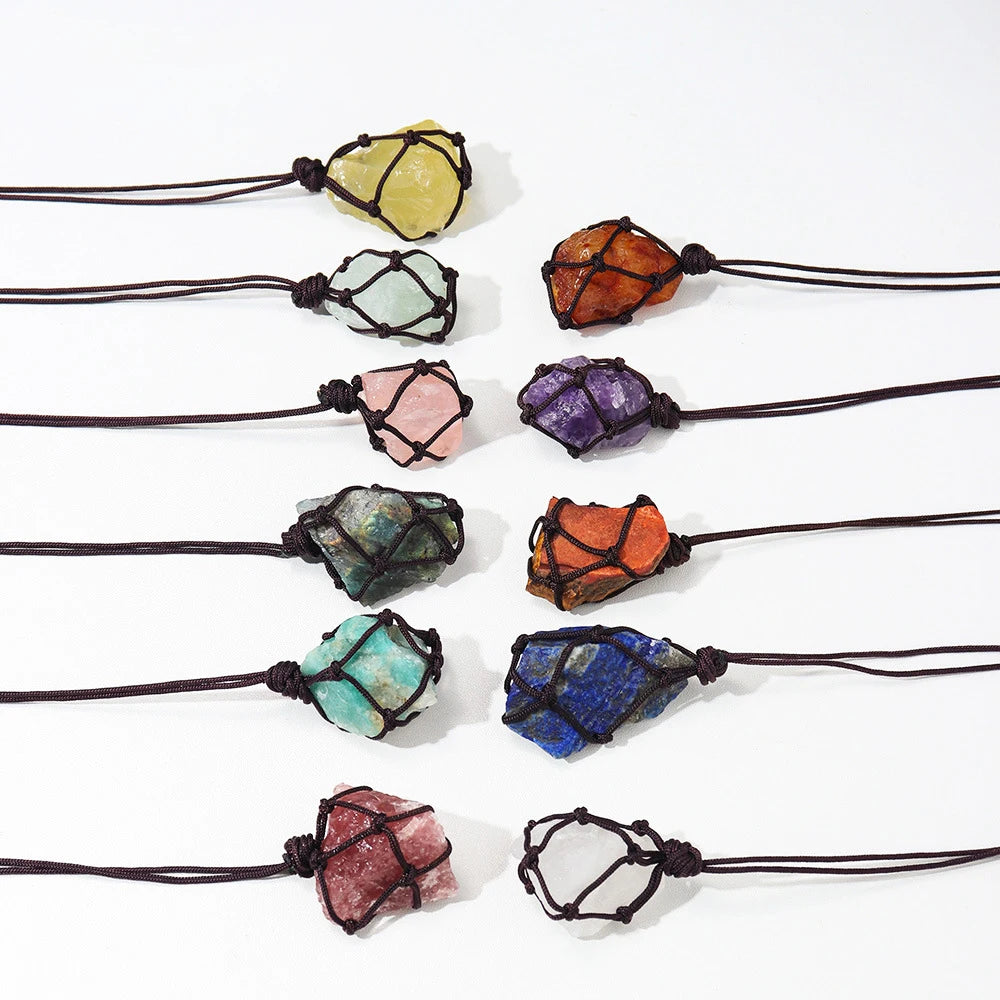 Natural Fashion Gemstone Jewelry Woman Handmade Leather Wrap Net Bag Tumbles Stones  Necklace Healing Crystal  Necklace for Men