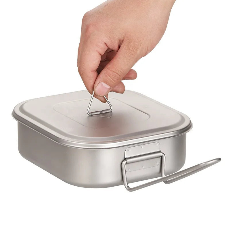 Outdoor Titanium Mess Tin with Lid Folding Handle Camping Bushcraft Cookware Lunch Box Pan 1100ml