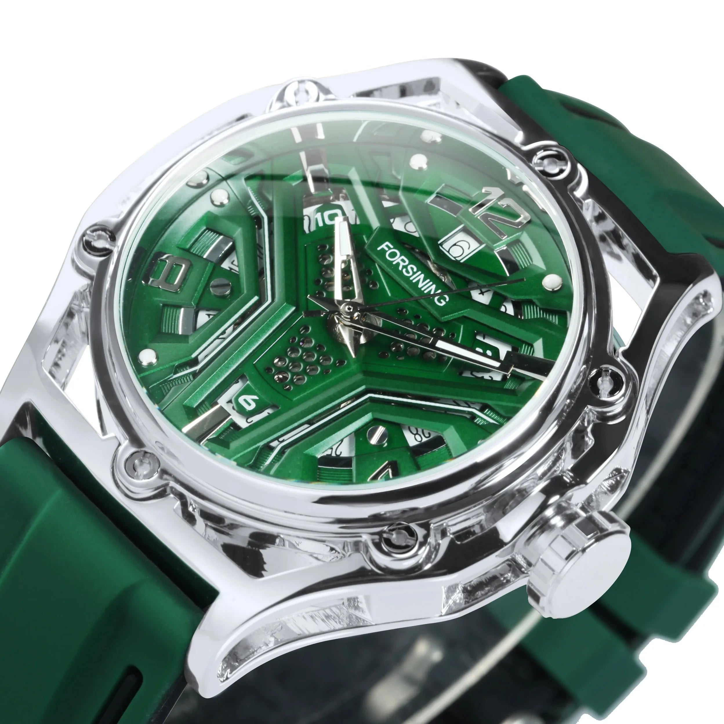 FORSINING FSG8283M3 Casual Rubber Band Outdoor Mechanical Watch for Men Fashion Calendar Hollow Out Dial Sports Automatic Clock