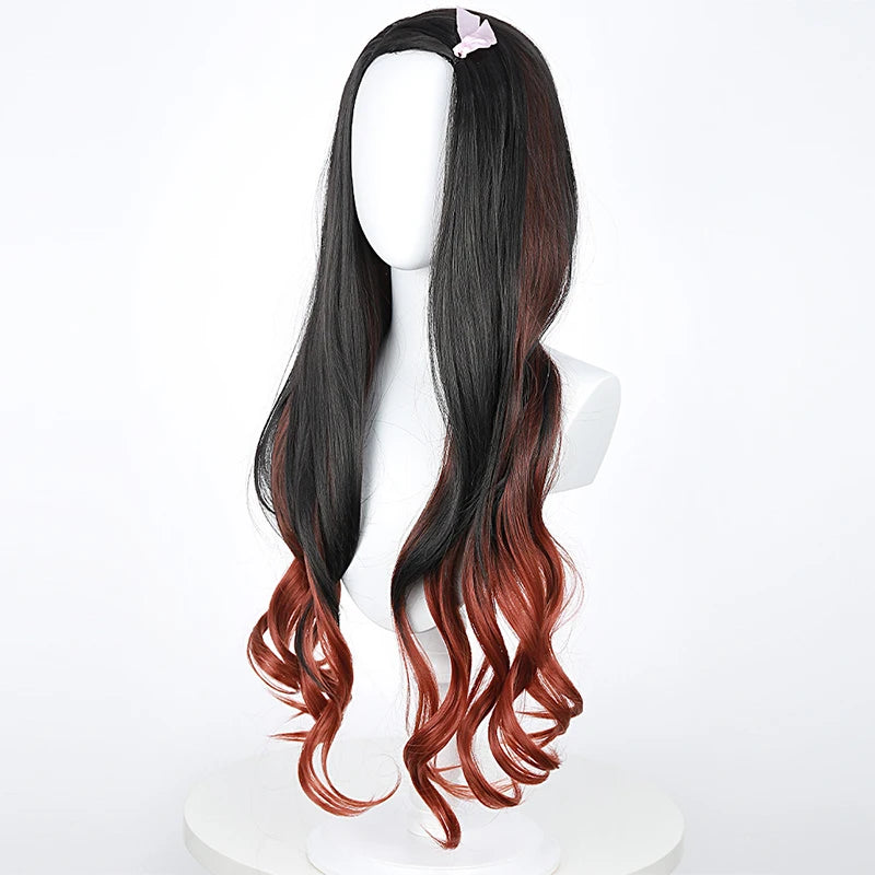 Long Curly Black&Orange Mixed  Kamado Nezuko Synthetic Anime Pelucas Cosplay Wigs