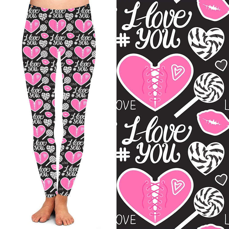 2025 Newest Custom Design Buttery Soft Double Side Brushed pink Valentine Heart Printed Leggings