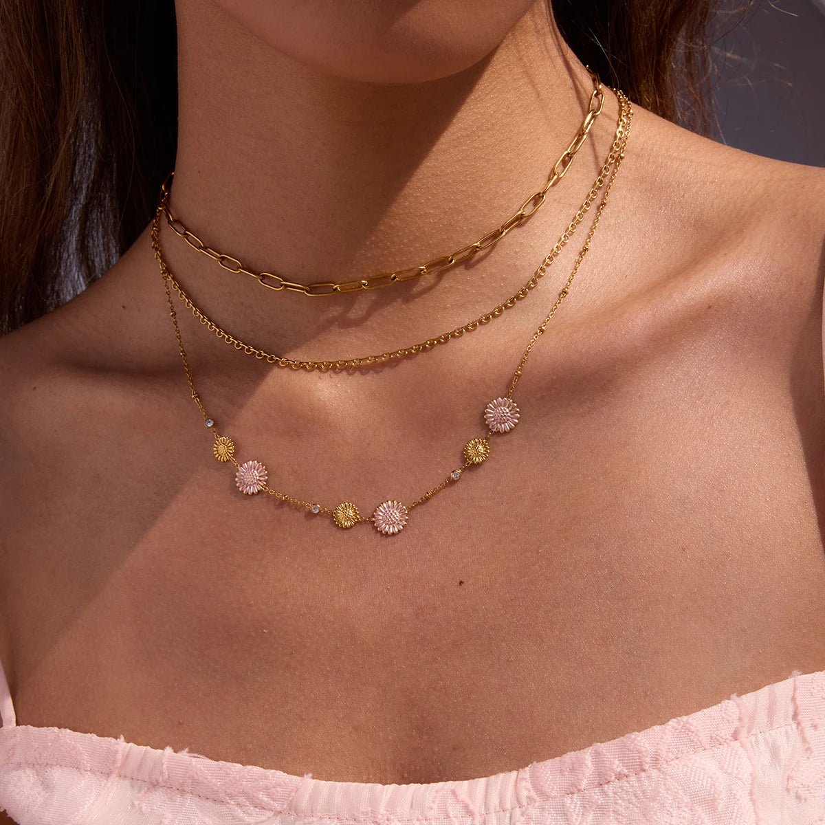 J&D Ocean Stainless Steel 18K Gold Plated Minimalist Chain Necklace Stackable Enameled Daisy Rhinestone Necklaces
