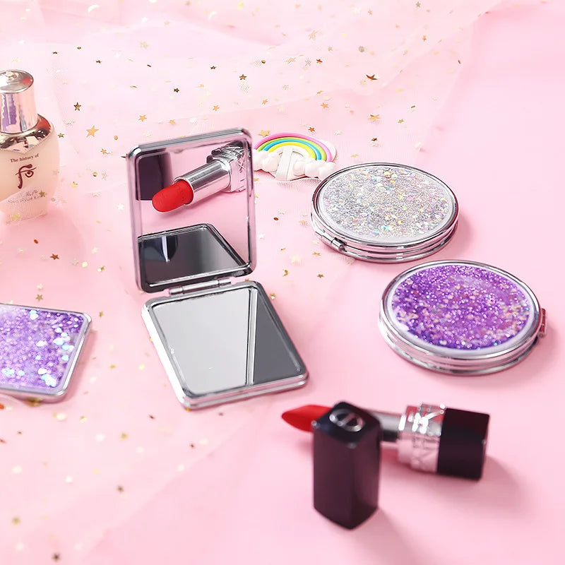 Wholesale Quicksand Double-sided Magnifying Mirrors Cute Handheld Small Portable Foldable Makeup Mirrors for the People