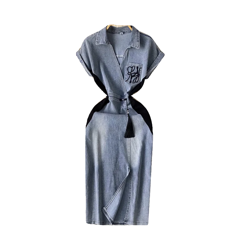 New Chinese Retro Embroidery Waist Slimming Slit Cover Hip Fashion Long Women's Jeans Long Dress for Women