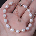 New Arrival 18K Gold Plated Freshwater Pearl Bracelet with Heart S925 Pendant Elastic Rice Bead Bracelets for Women for Weddings