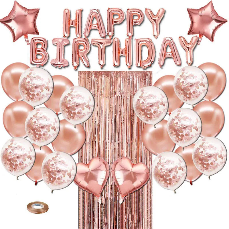Rose Gold Birthday Party Balloon Set Rain Curtain Happy Birthday 12inch Foil Ballons