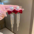 Pearl Bow Earrings for Women Long Tassel Diamond Rhinestone Chain Fashion Drop Ear Jewelry