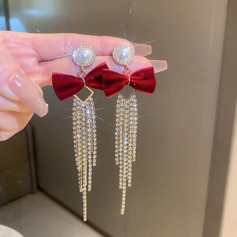 Pearl Bow Earrings for Women Long Tassel Diamond Rhinestone Chain Fashion Drop Ear Jewelry