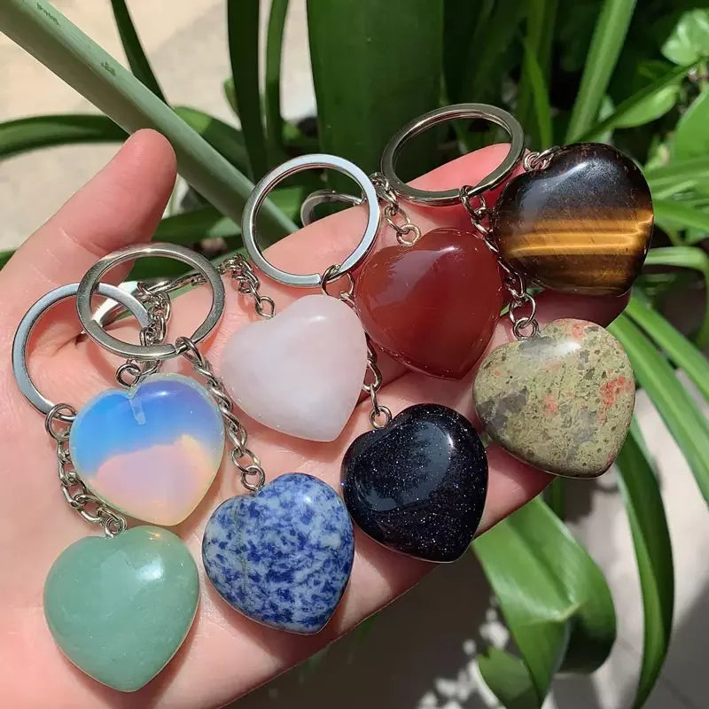 Wholesale Personalized Natural Stone Colorful Gemstone 30mm Heart Crystal Key Chain Key Ring for Key Handbag Hanging Decoration