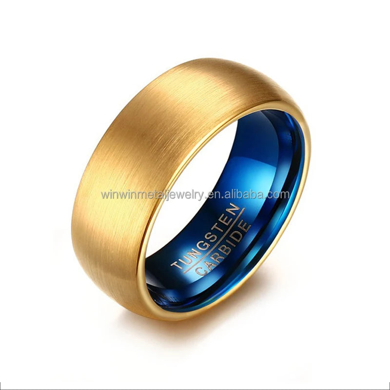 Men's 8mm Brushed Gold Tungsten Carbide Wedding Band Comfort Fit Trendy Dome Style with Blue Plating for Engagement and Party