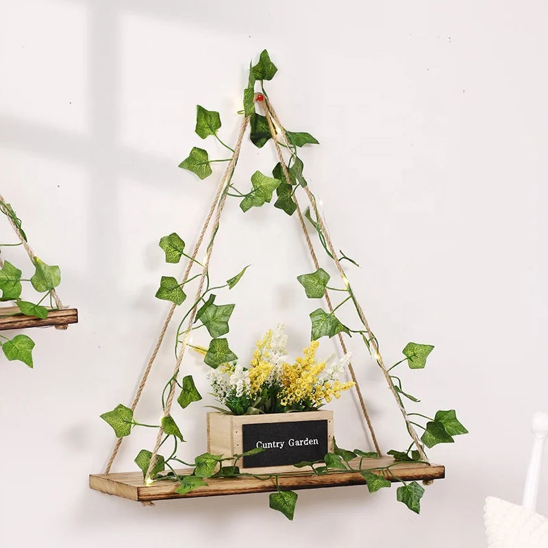 Furniture Decoration Wall Hanging Simulation Rattan Wooden Hanging Rope Shelving Pot Storage Shelf
