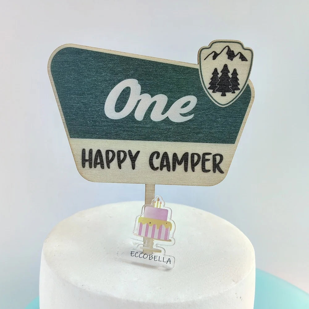 Happy Camper Wood One Cake Topper Premium Quality Themed Baking Decorative Cake Accessories for Parties