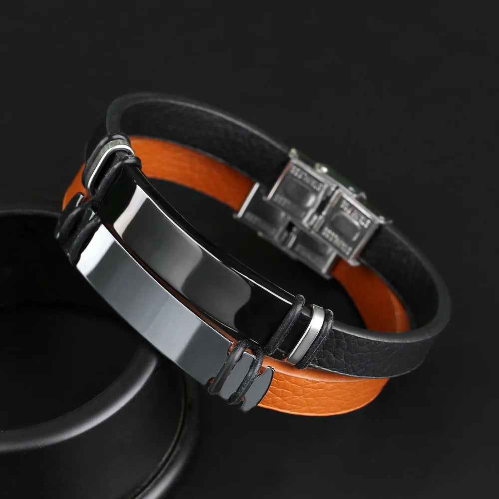 Wholesale and Retail Fashion Men's Bracelet Stainless Steel Leather Black Brown Light Plate Bracelet LOGO Custom