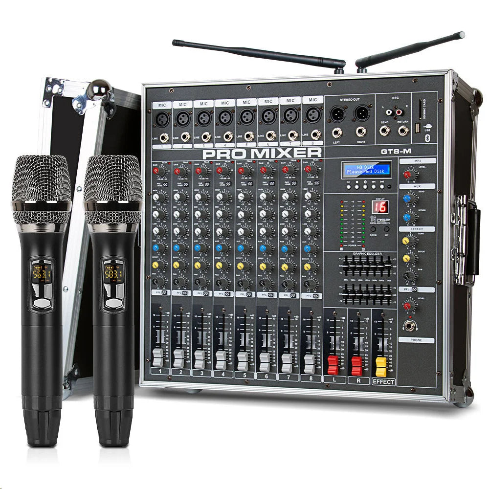 Depusheng GT8M Professional 8-Channel Powerful Amplifier Mixer with Two Wireless Microphones for Stage Performance
