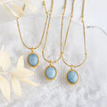 Ladies 18K Gold Plated Stainless Steel Trendy Jewelry Oval Ellipse Blue Sapphire Aquamarine Natural Jade Around Pendant Necklace
