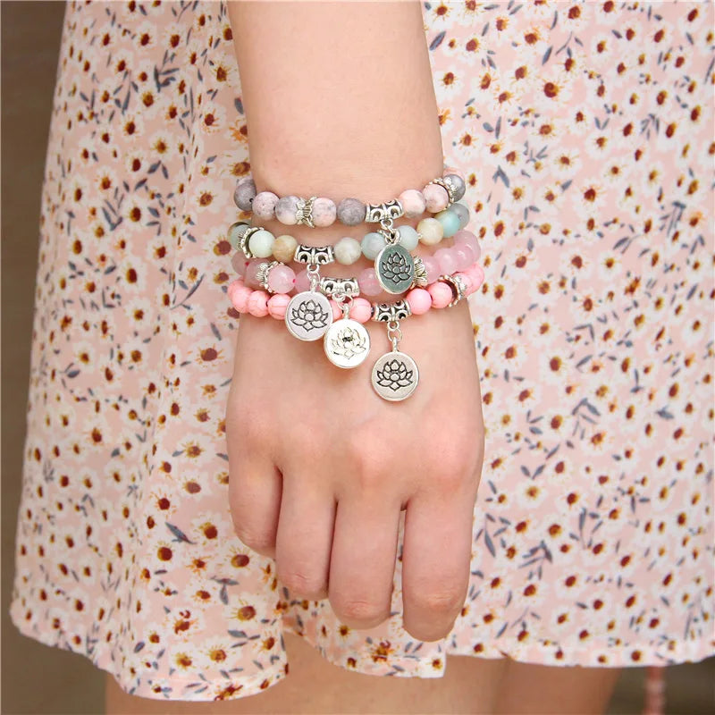 Natural Gemstone Beaded Bracelets With Lotus Charm Pendant Crystal Beads Bracelet Jewelry for Women Gifts
