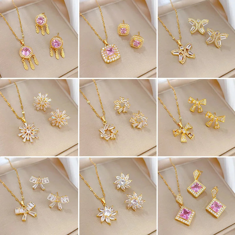 Fashion Luxury Full Diamond Pendant Necklace Delicate Copper Micro-Inset Zircon Necklace Earrings Set for Women