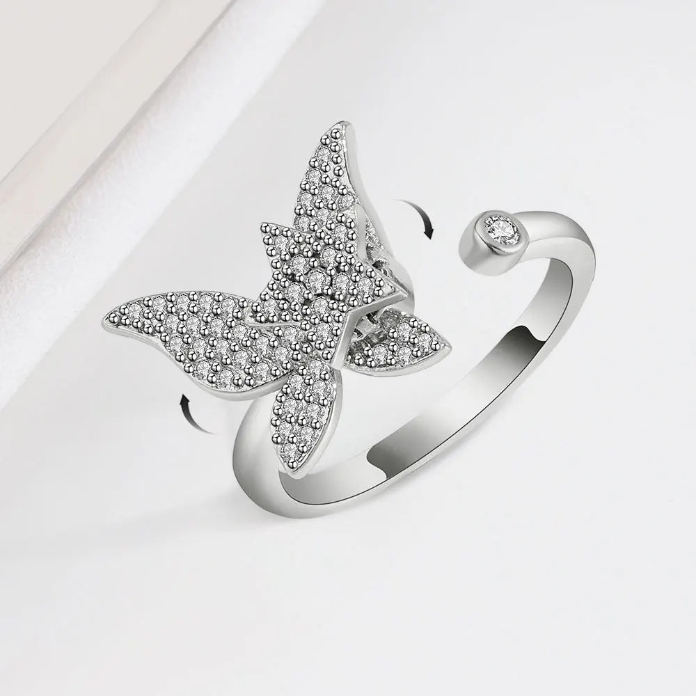 Trendy S925 Sterling Silver Butterfly Shape Open Anxiety Ring Micro Zircon CZ 925 Silver Anxiety Rings Jewelry for Women