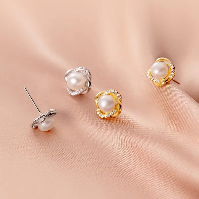 925 Sterling Silver Natural Freshwater Pearl Earings Gold Plated Zircon Ear Studs Earrings Fashion Jewelry for Women