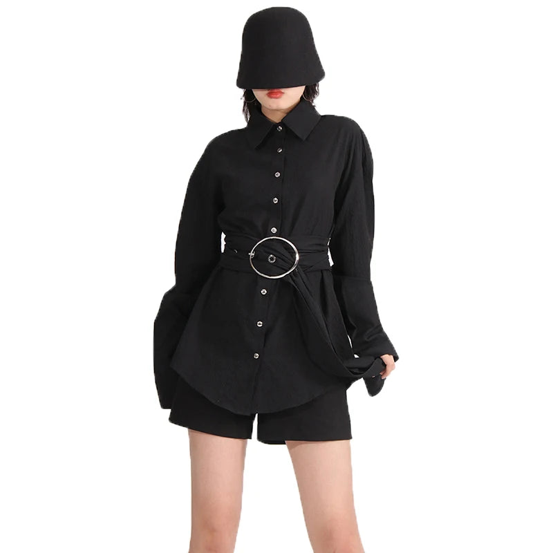 TWOTWINSTYLE Autumn New Style Gather Waist Solid Color Women Long Sleeve Blouse 2023