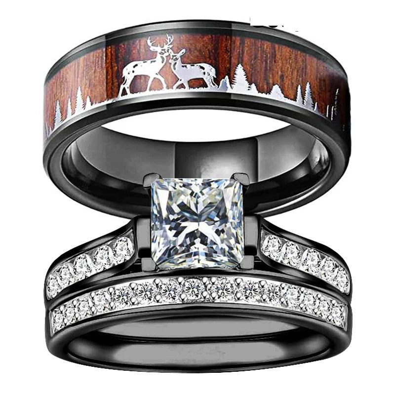 High Quality Inlaid Wood Stainless Steel Ring Deer Pattern Ring CZ Stone Inlay Black Engagement Wedding Ring Set