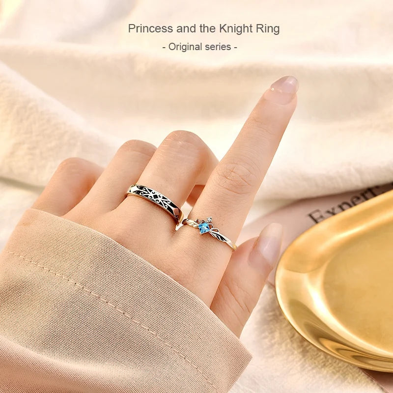 5235 Princess and Knight Open Couple Ring Vintage Cubic Zirconia Real 925 Sterling Silver Rings for Women Fine Jewelry Men