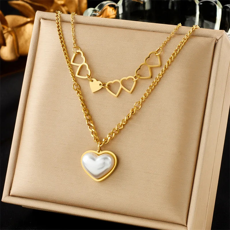Fashion Stainless Steel Double Love Pendant Necklace for Women Stacked Hollow Heart Imitation Pearl Link Chain for Anniversaries