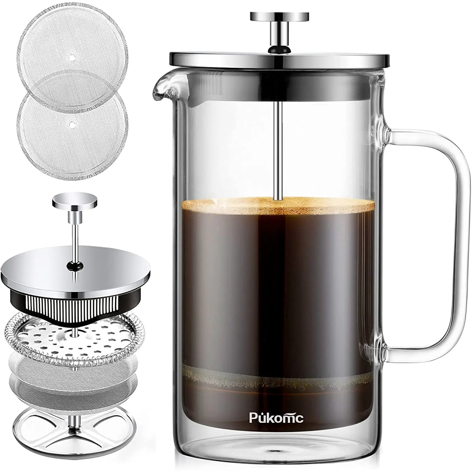 600ml/34oz Modern Design Eco-Friendly Portable Double-Wall 304 Stainless Steel 1L Borosilicate Glass French Press Coffee Maker