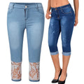 Womens Ripped Jeans Skinny Cropped Pants Three Quarters Clothing Lace Trim Capri Trousers Denim Jeans Plus Size Leggings