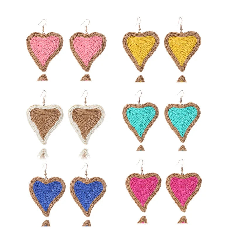Handmade Bohemian Style Woven Raffia rainbow Earring Geometric Heart Dangle Drop Earrings Women Beach Dress Party Jewelry