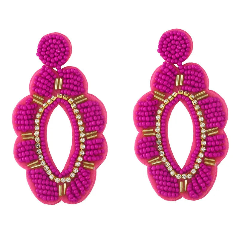 Big Bohemian Statement Native Seed Bead Oval Huggie Earrings with Rhinestone 18K Gold Plated Archer for Women